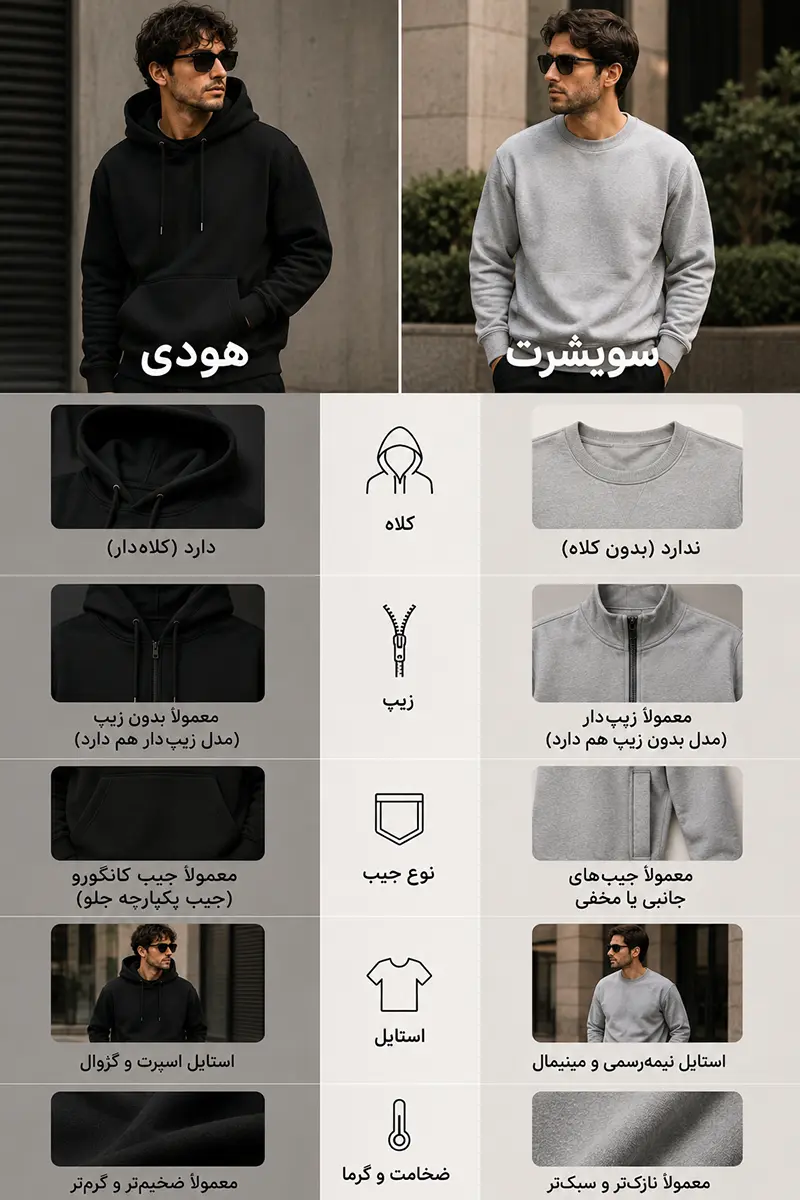 جدول مقایسه هودی و سویشرت