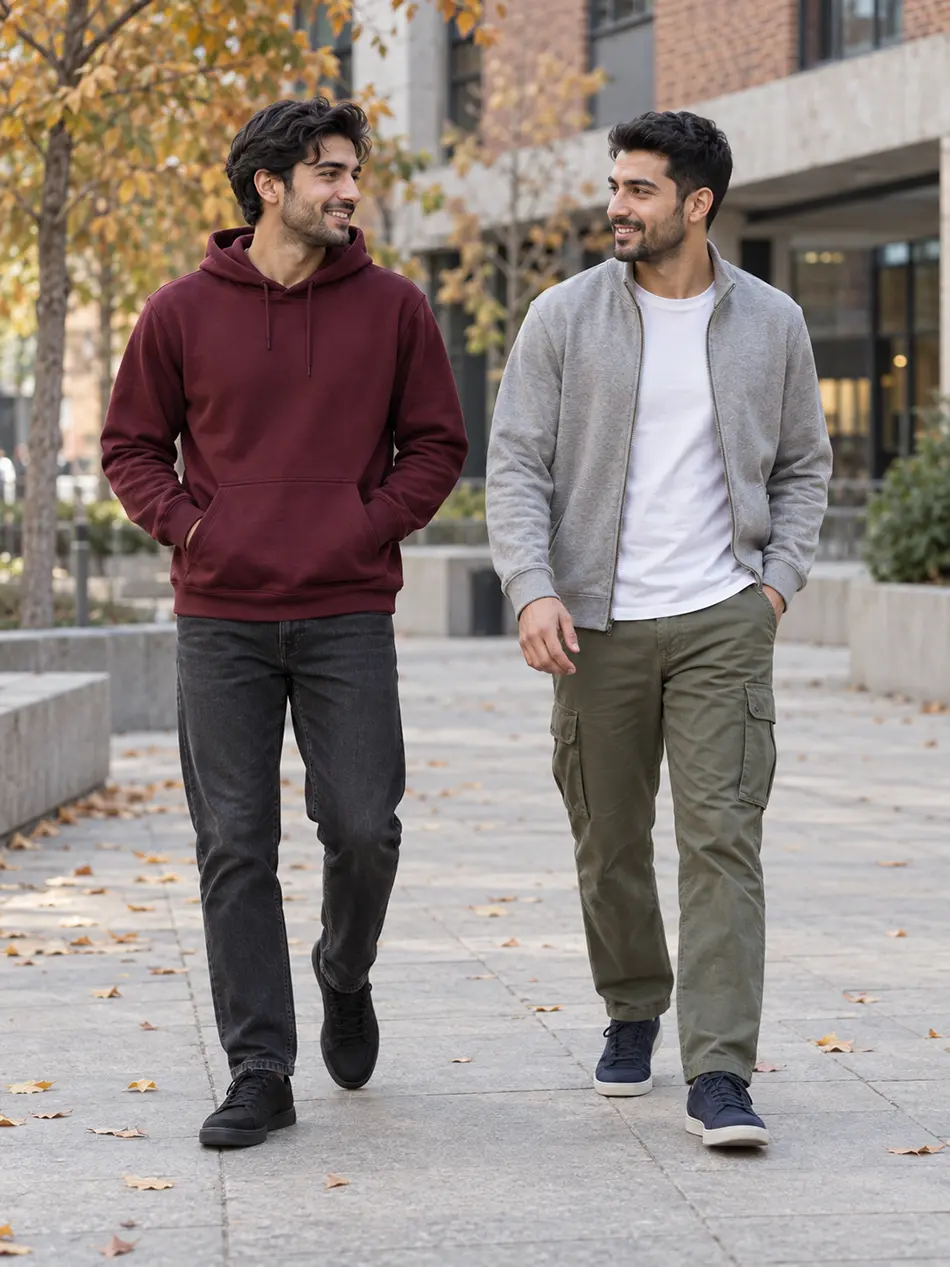 استایل پاییزی اسپرت مردانه با هودی زرشکی و جین ذغالی